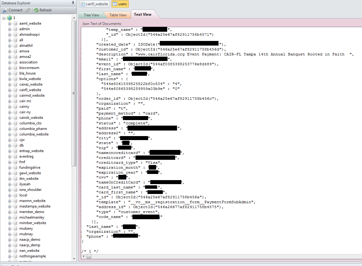 Redacted sample of credit card transaction record for CAIR-FL leaking from VirtueCenter.