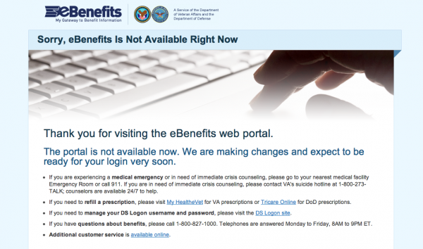 eBenefits Site Down at 7.47.49 PM