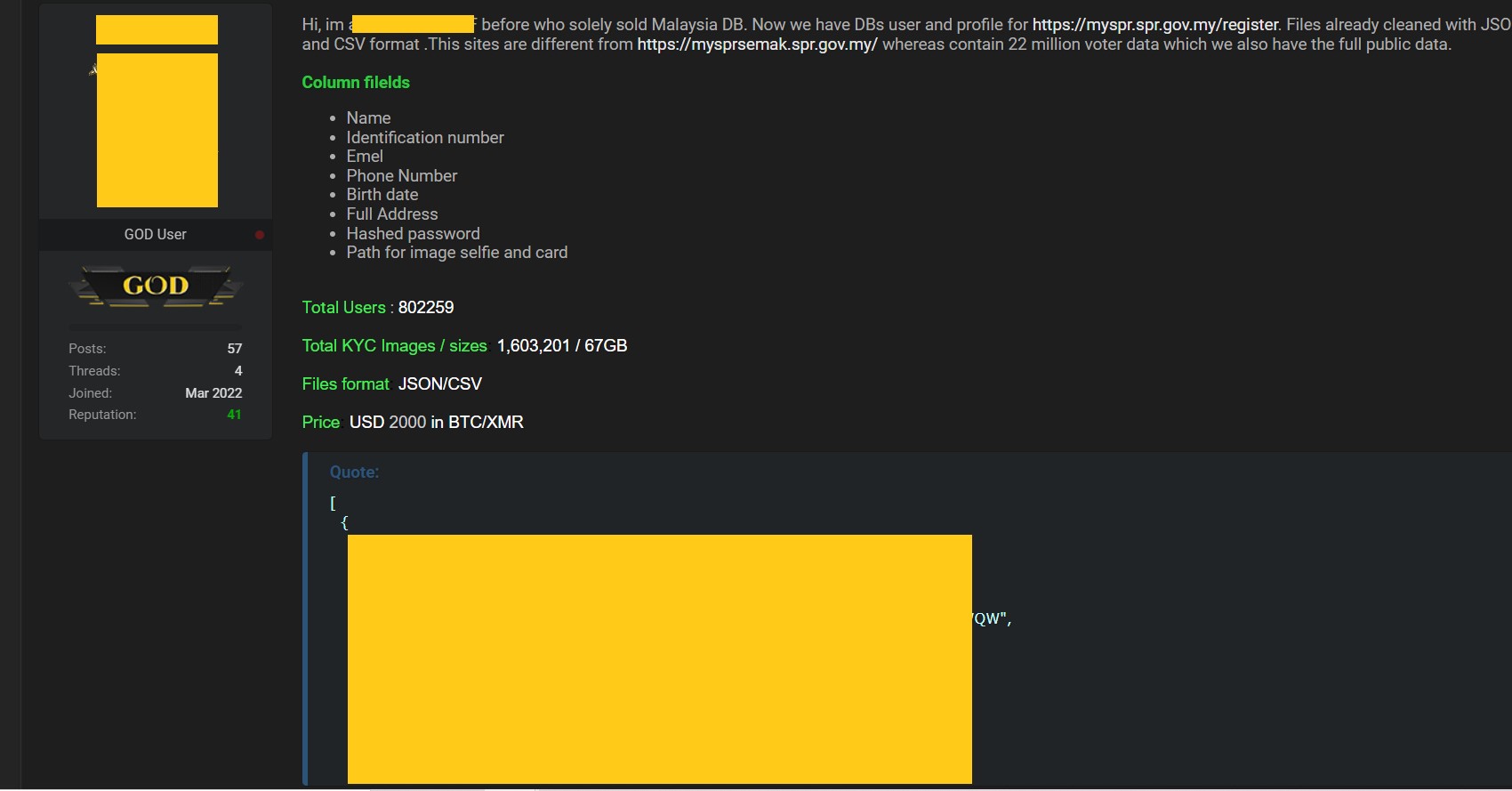 Listing on a hacking forum for 800k voters' information.