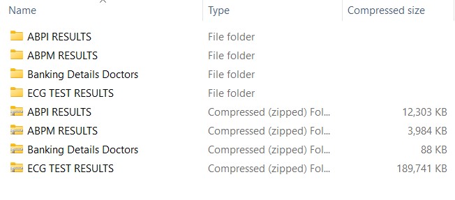 Folders with clinical results and zipped archives to show size. The ECG Test Results compressed archive was 189MB compressed.