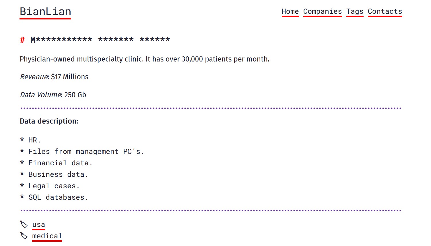 Listing on BianLian uses asterisks to mask the clinic name, but the number of asterisks and the description of the clinic match Murfreesboro Medical Clinic's information.