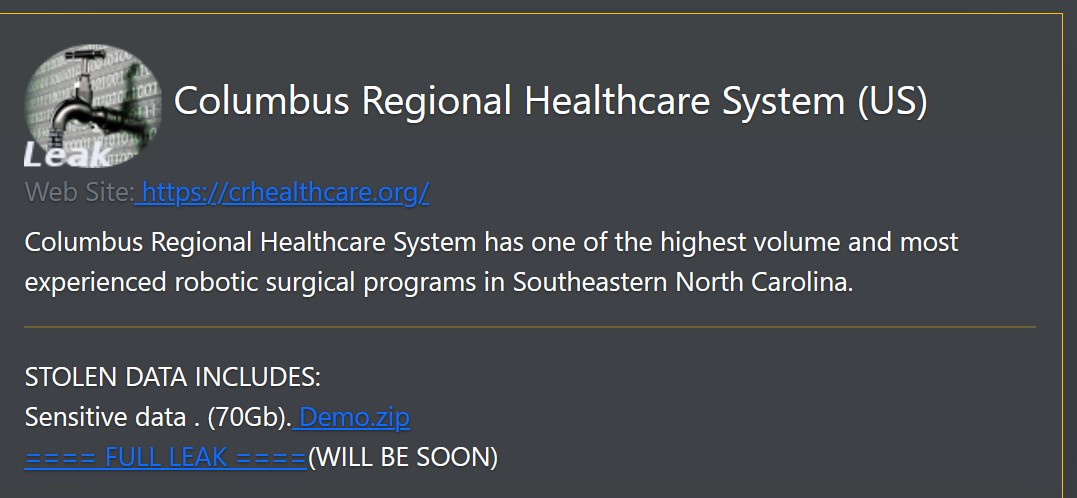 Listing that will appear on Daixin's leak site claims to have 70 GB of data from Columbus Regional Healthcare System.
