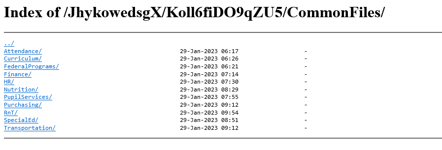 Folders in the Berkeley County Schools data leak by Vice Society include PupilServices, SpecialEd, and other student-related files.