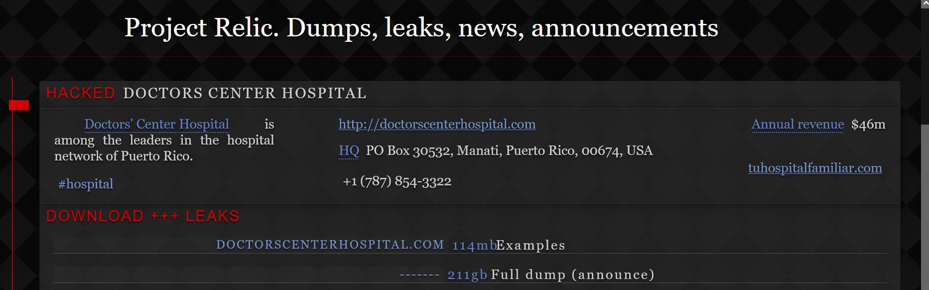 Doctors Center Hospital listing on dark web leak site