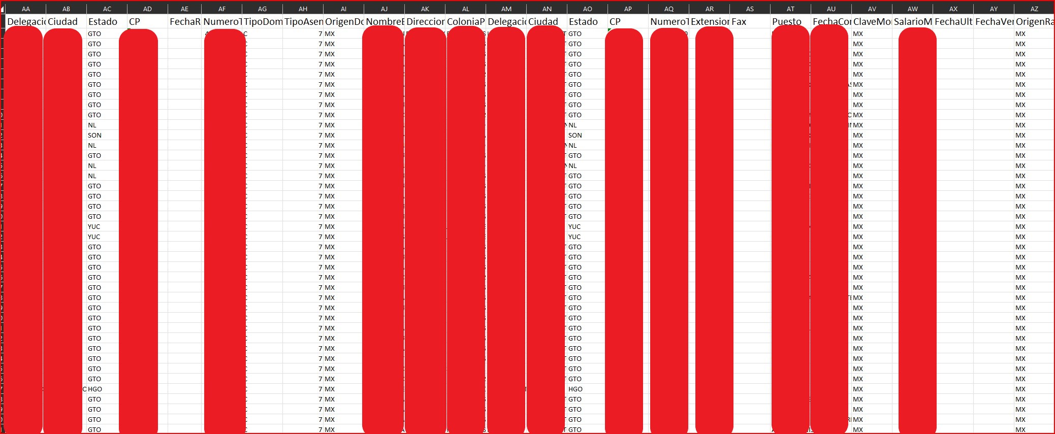 Second part of spreadsheet with personal information redacted.