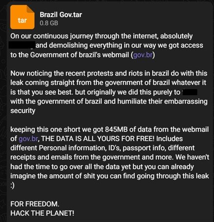 GhostSec post on Telegram claims to have acquired access to Brazilian government's webmail (gov.br).