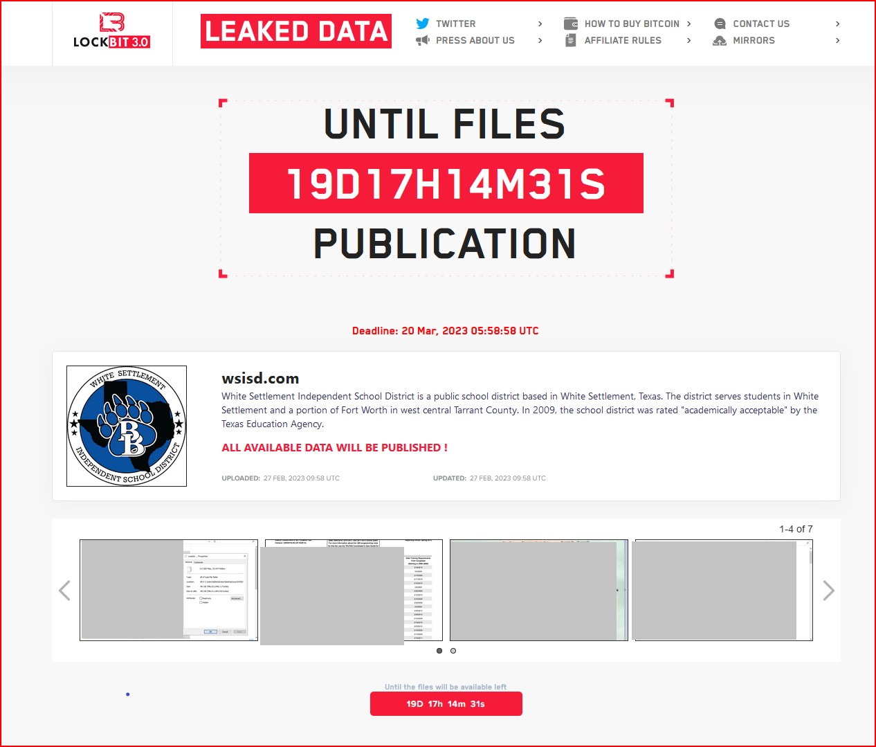 Listing on LockBit's dark website indicates that White Settlement ISD in Texas was hit and data exfiltrated. LockBit threatens to dump data in 19 days if ransom is not paid.
