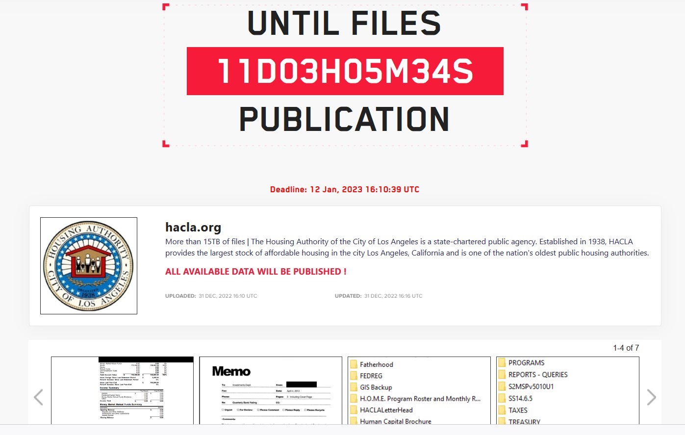 Listing on LockBit 3.0 claims to have 15 TB of data from the city's housing authority.