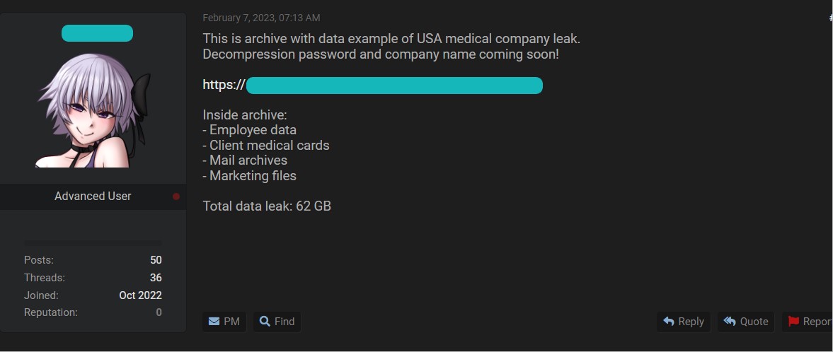 Data from Northeast Surgical Group was leaked on a hacking forum on February 7. The password was provided a week later.