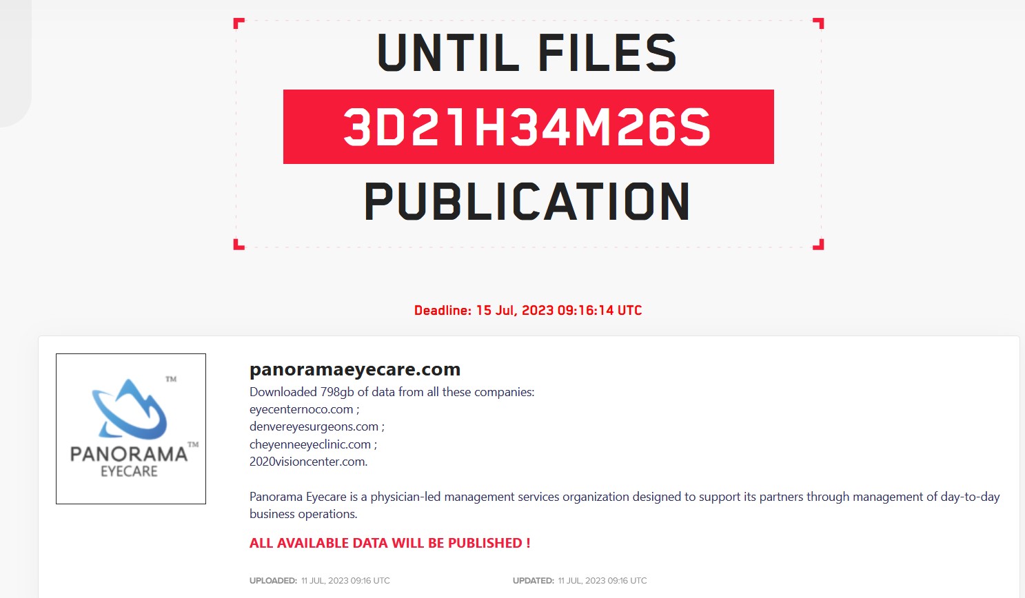 Listing on LockBit showed less than 4 days left on a countdown clock for Panorama Eyecare to pay or data would be leaked.