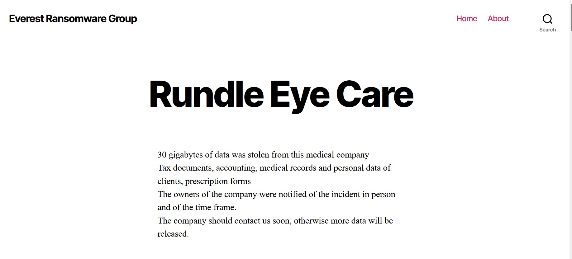 Listing by Everest ransomware names Rundle Eye Care.