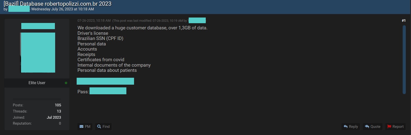 Listing contained a link to a sample of files with a password. Both redacted by DataBreaches.