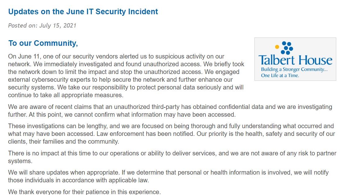 Statement by Talbert House