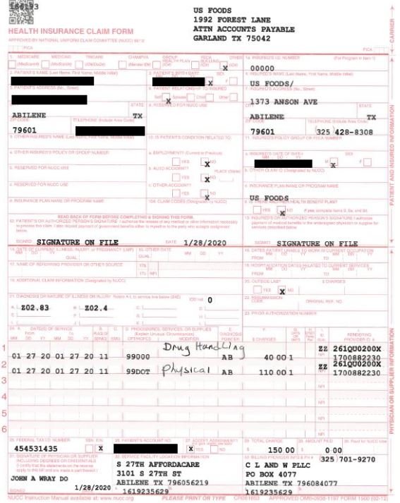 Redacted insurance claim form
