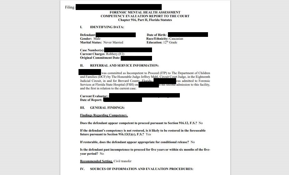 Mental health assessment form completed on patient for court-ordered competency hearing.