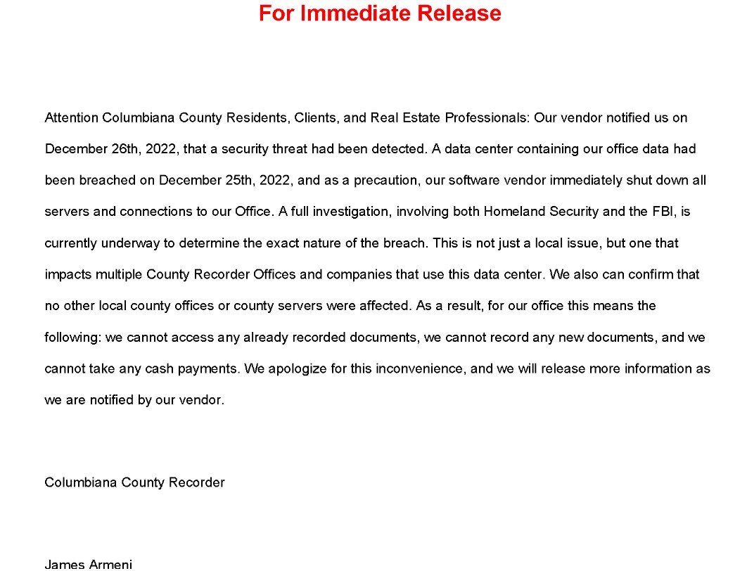 Notice on Columbiana County Recorder's office