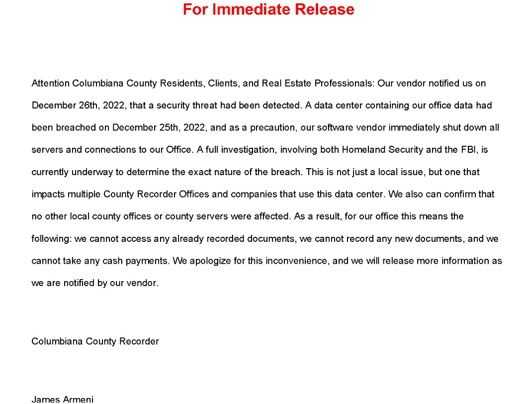 Notice on Columbiana County Recorder's office
