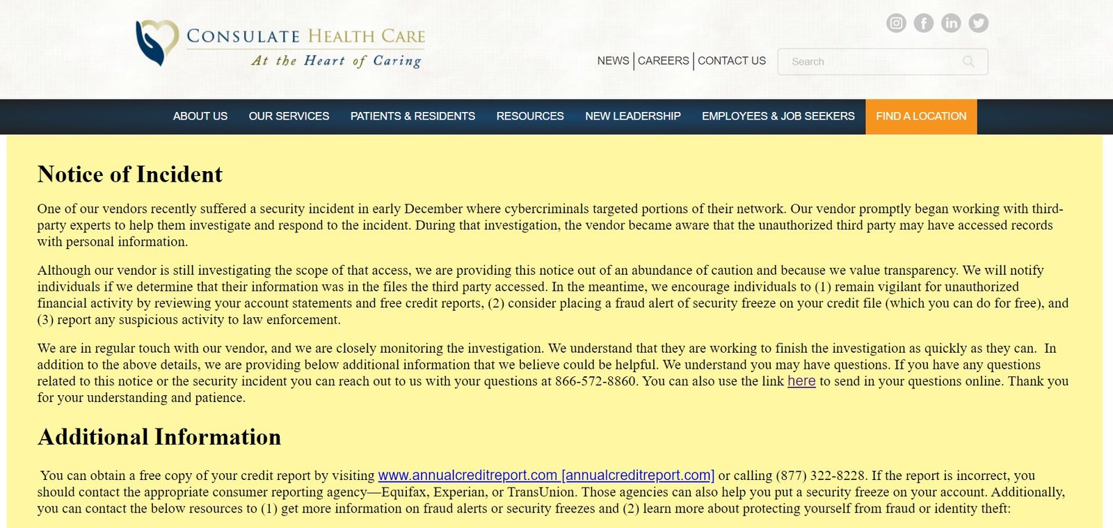 CHC announcement of an alleged December vendor breach appeared on their web site.