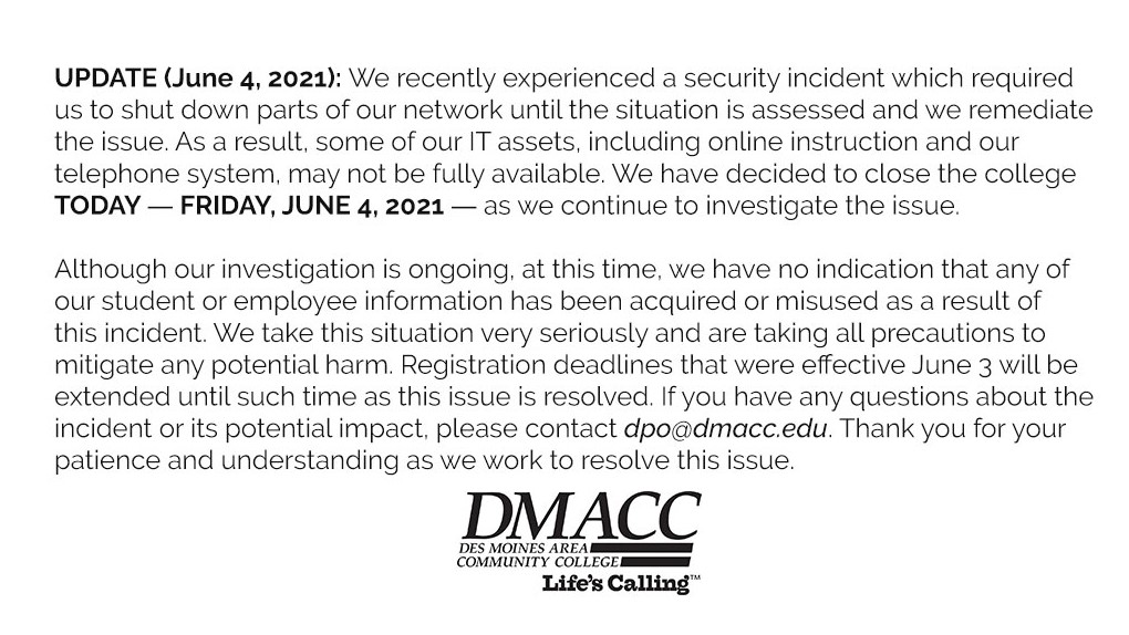 DMACC announces school closure and changes due to security incident