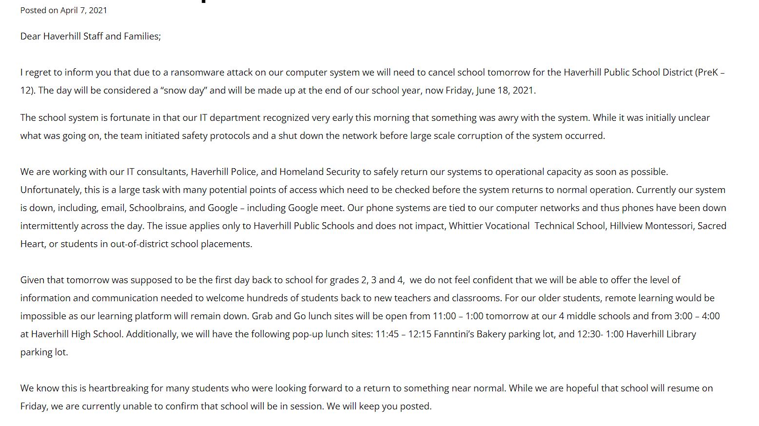 Haverhill letter to parents
