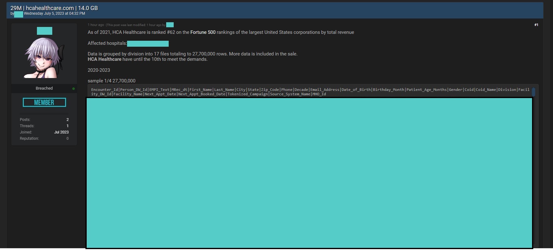 DEVELOPING HCA Healthcare patient data for sale on hacking forum?