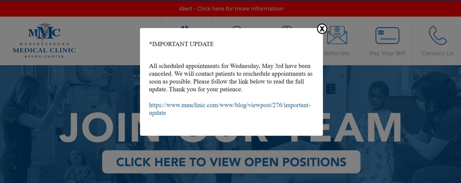 Popup alert on website home page notifies patients "All scheduled appointments for Wednesday, May 3rd have been canceled. We will contact patients to reschedule appointments as soon as possible. "
