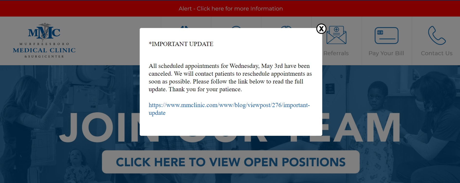 Popup alert on website home page notifies patients "All scheduled appointments for Wednesday, May 3rd have been canceled. We will contact patients to reschedule appointments as soon as possible. "