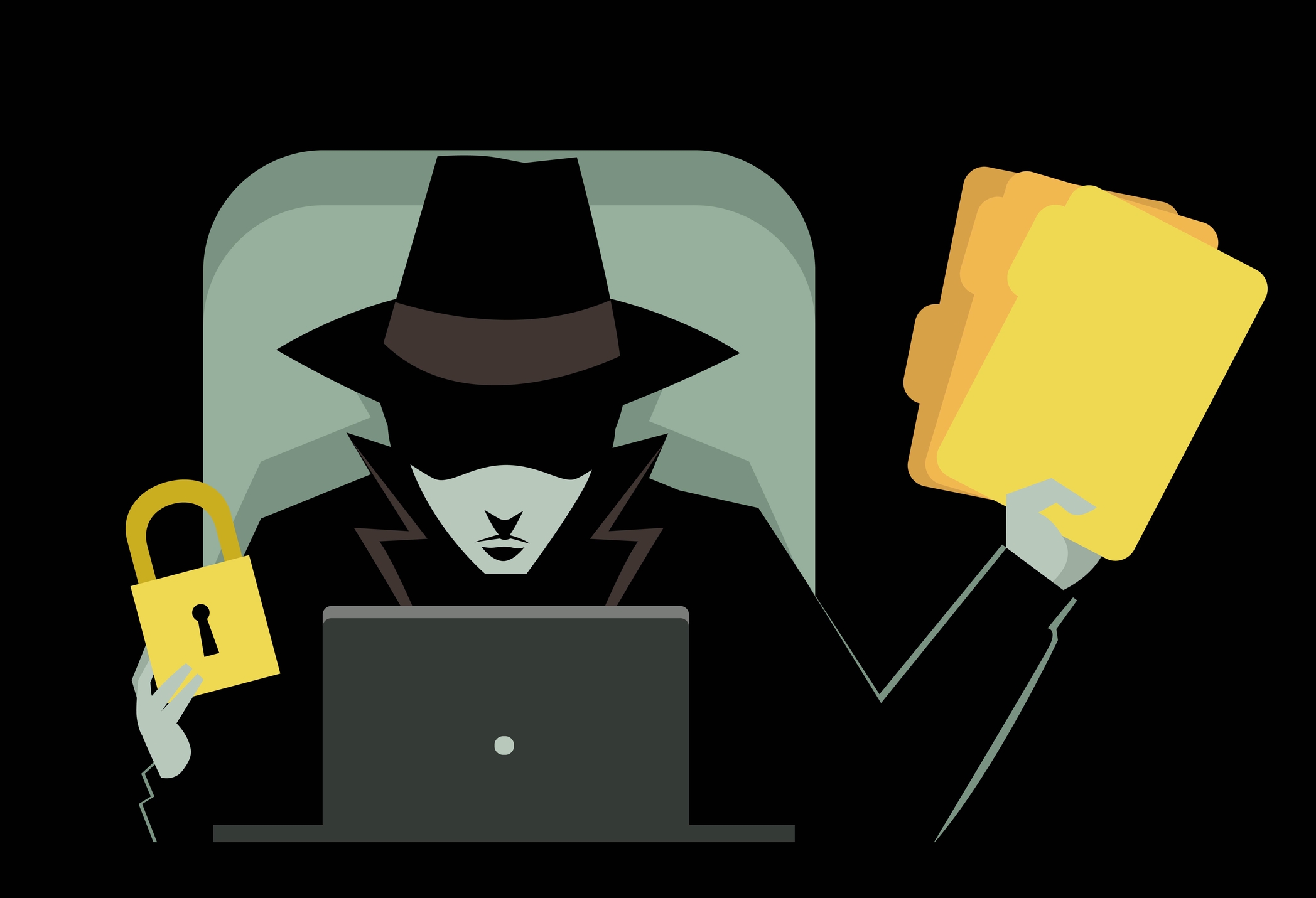 cartoon illustration of blackhat criminal holding folders in one hand and a lock in the other while staring at laptop. 
