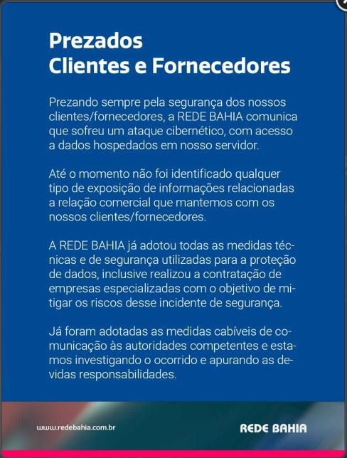 Notice on Rede Bahia Site