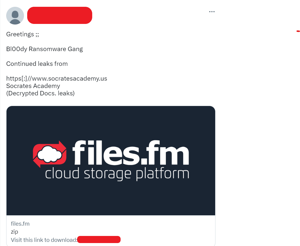 Tweet links to files.fm for files from Socrates. Redacted by DataBreaches.net