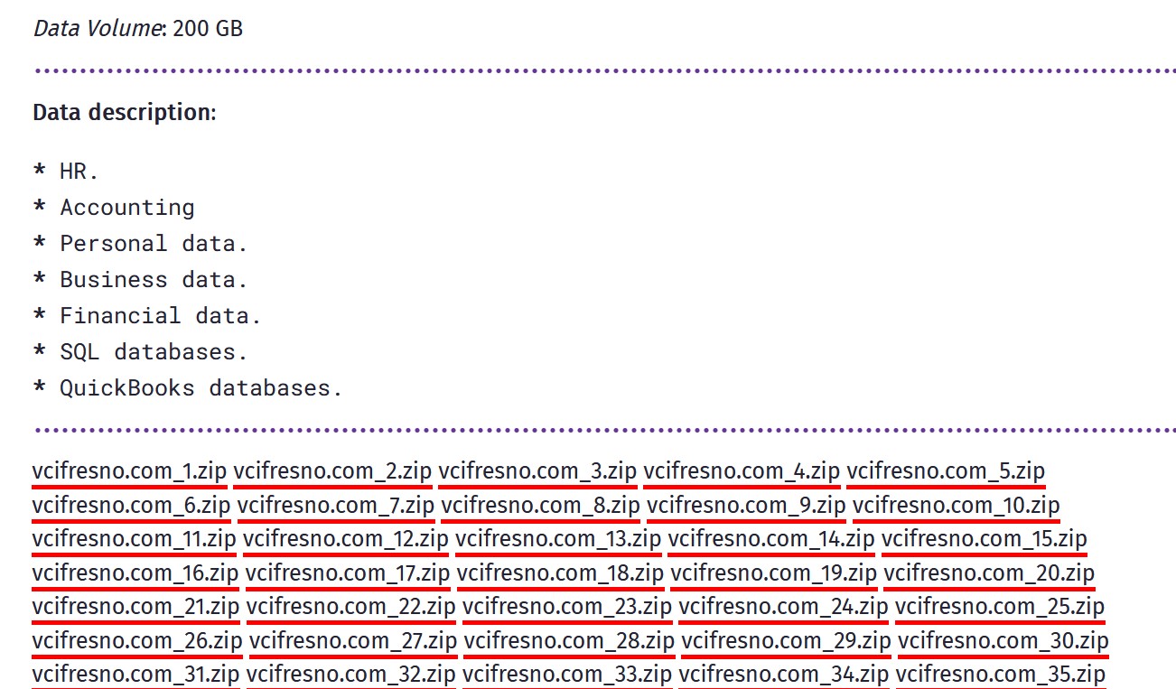 Part of dark web listing by BianLian claims they have 200 GB of data described as: HR. Accounting Personal data. Business data. Financial data. SQL databases. QuickBooks databases. The screencap also shows links to the first 35 parts of the data dump.