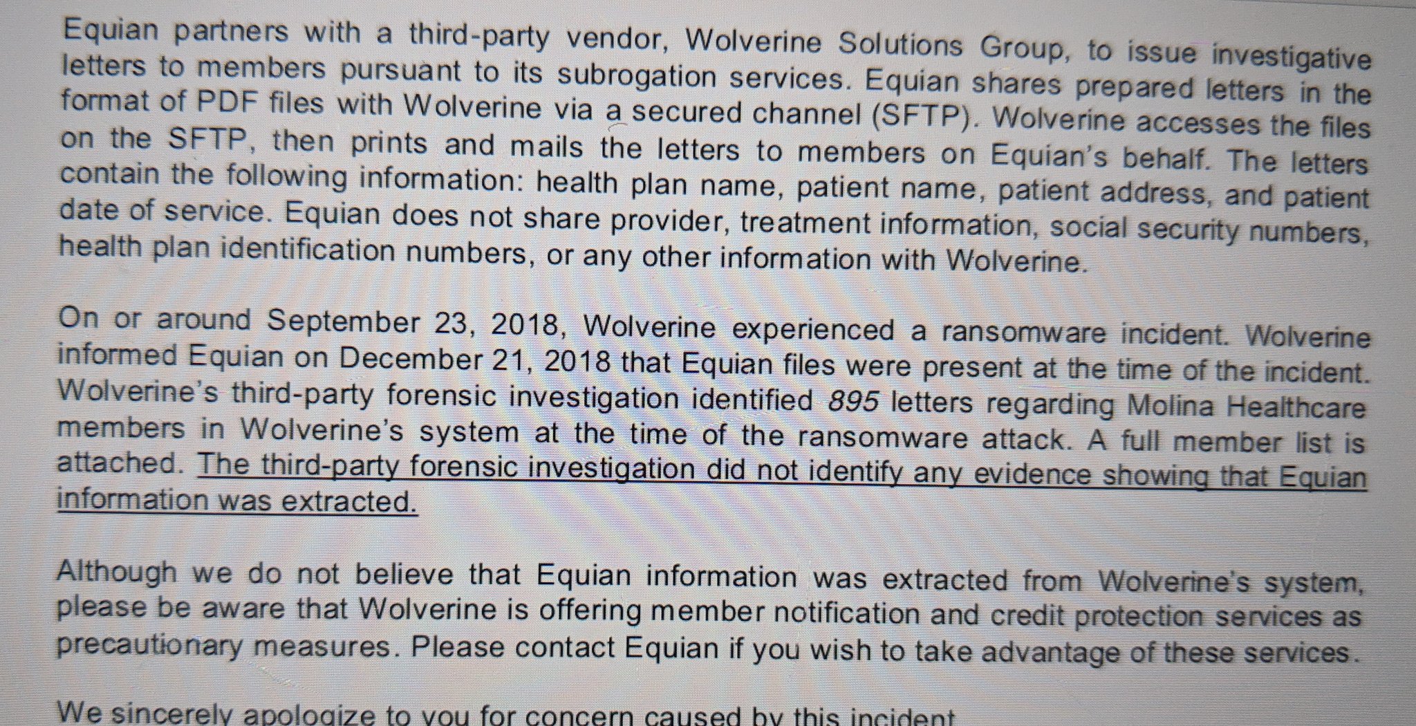 Notification from Equian concerning Wolverine Solutions ransomware incident.